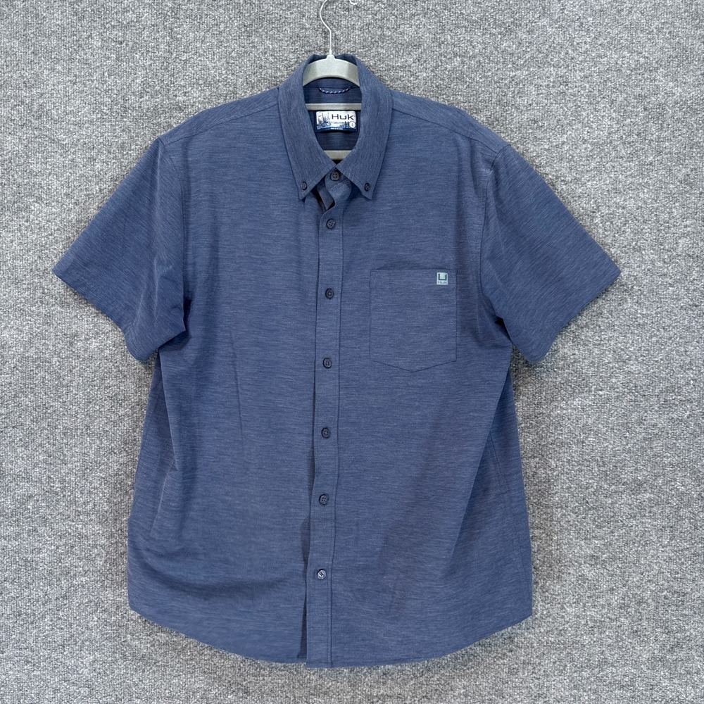 Huk Button Down Shirt Mens Large Blue Short Sleeve Pocket Performance Fishing